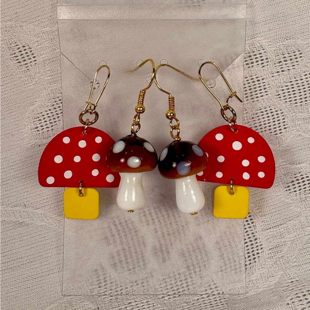 Earrings Pierced Handmade Unique Design Red/Yellow/White Metal & Brown/White